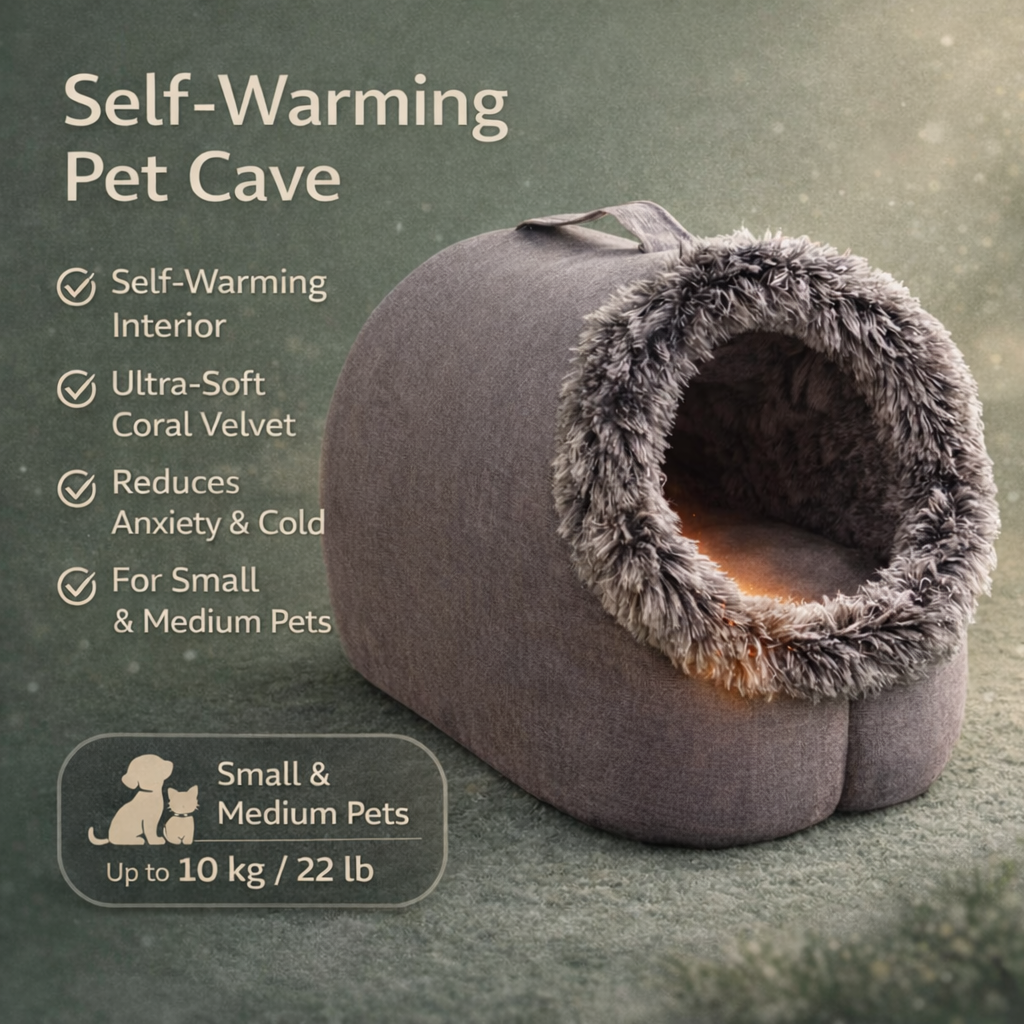 Self-warming pet cave with text highlighting features on a green background